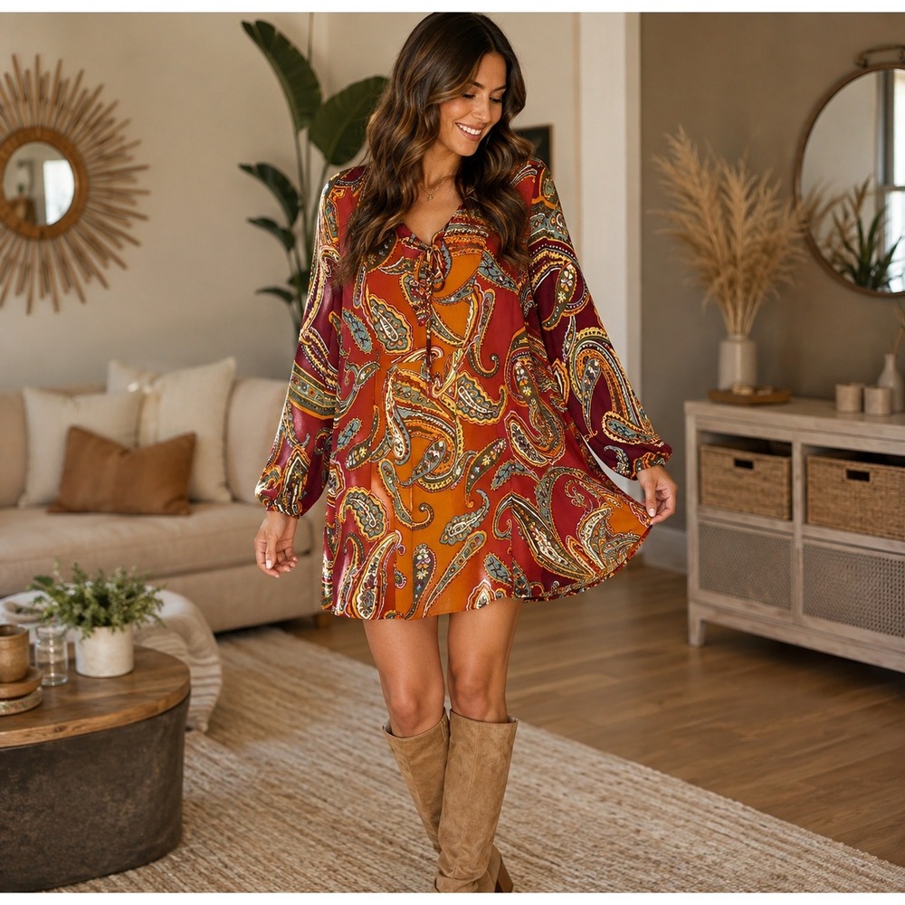 Cha Cha Vente Paisley Lace Up Tunic Dress Boho Long Sleeve Orange Burgundy M